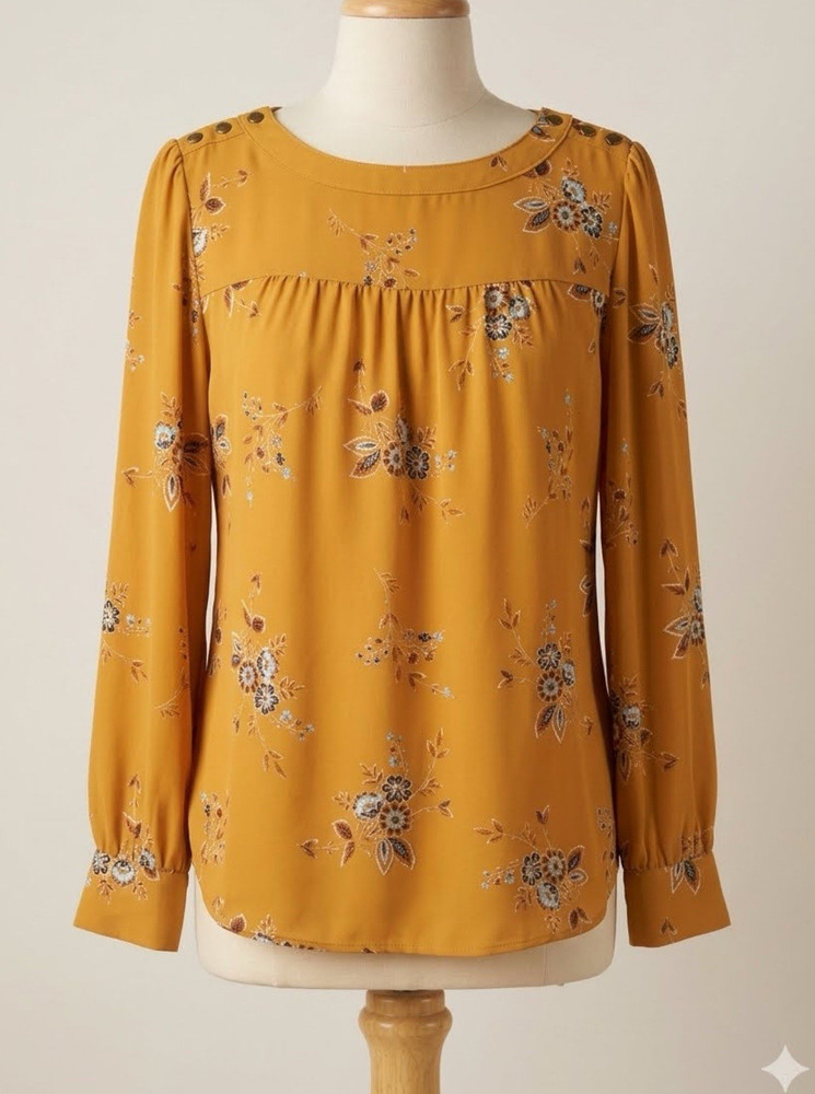 LOFT Women’s M Yellow/Multicolor Floral Round Neck Long Sleeve Pullover Blouse