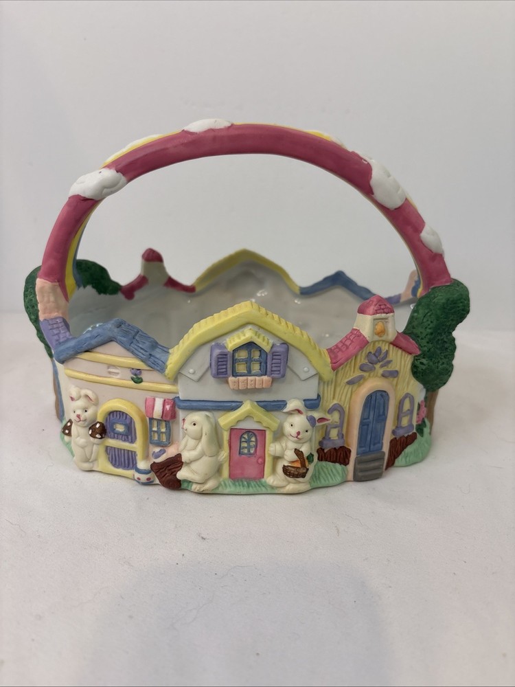 Vtg ABC Distributing Easter Basket Ceramic 1995 Colorful w Rainbow handle