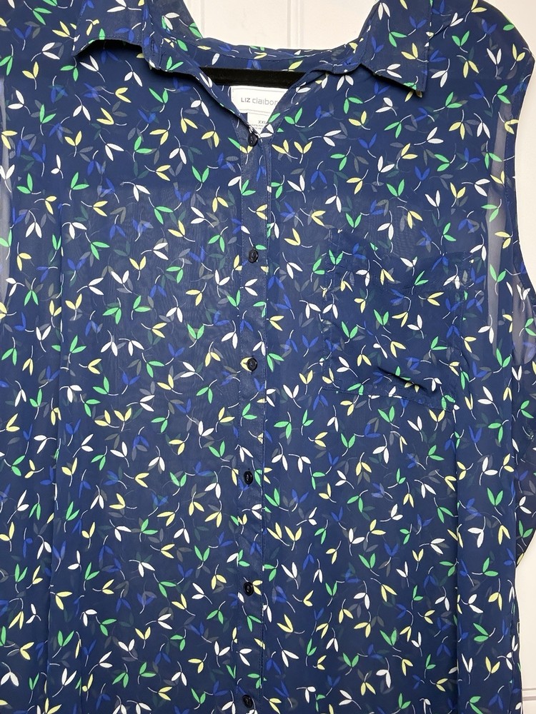 Liz Claiborne Women’s Blue Floral Collared Long Sleeve Sheer Chiffon Blouse XXL
