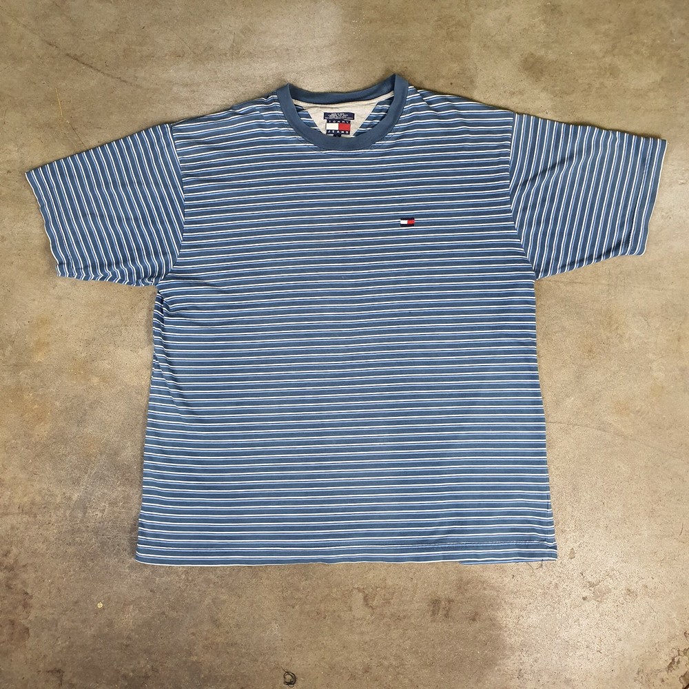 Vintage 90s Tommy Hilfiger Jeans Striped T-Shirt Grunge Skater Surfer Size XL
