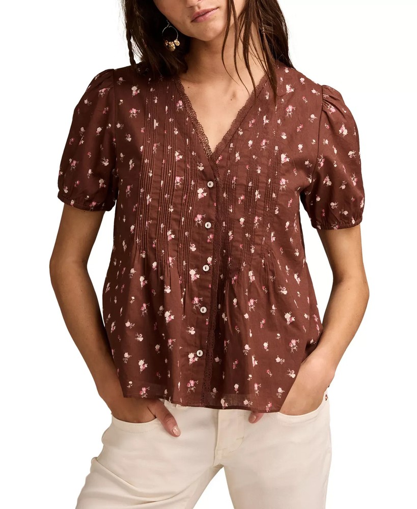 Lucky Brand Women's Top Sz XL Cotton Short-Sleeve Pintuck