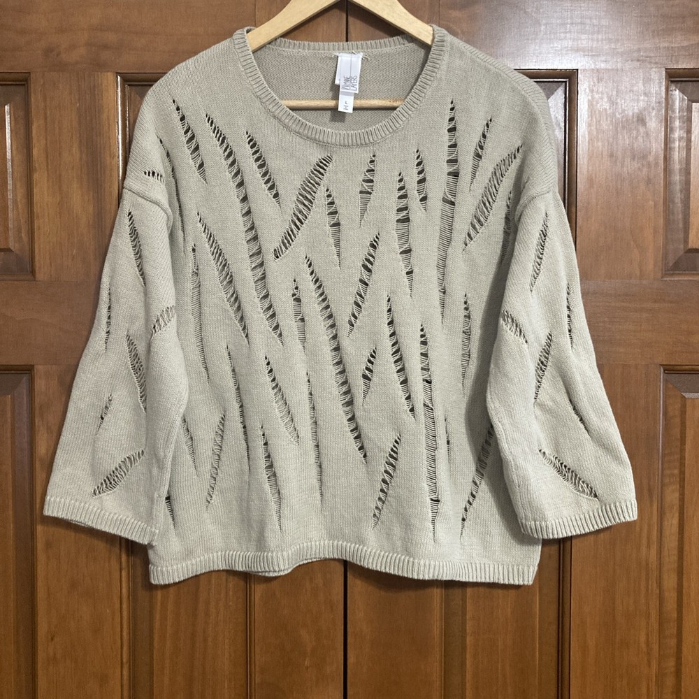 Wynne Layers 100% Cotton Taupe Pointelle Pullover Sweater Women’s Size Large L