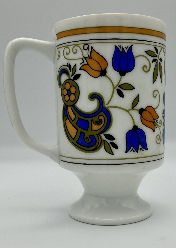 Vintage Japanese Pedestal Mug Floral Tulip Design Footed Coffee Cup Folk Style