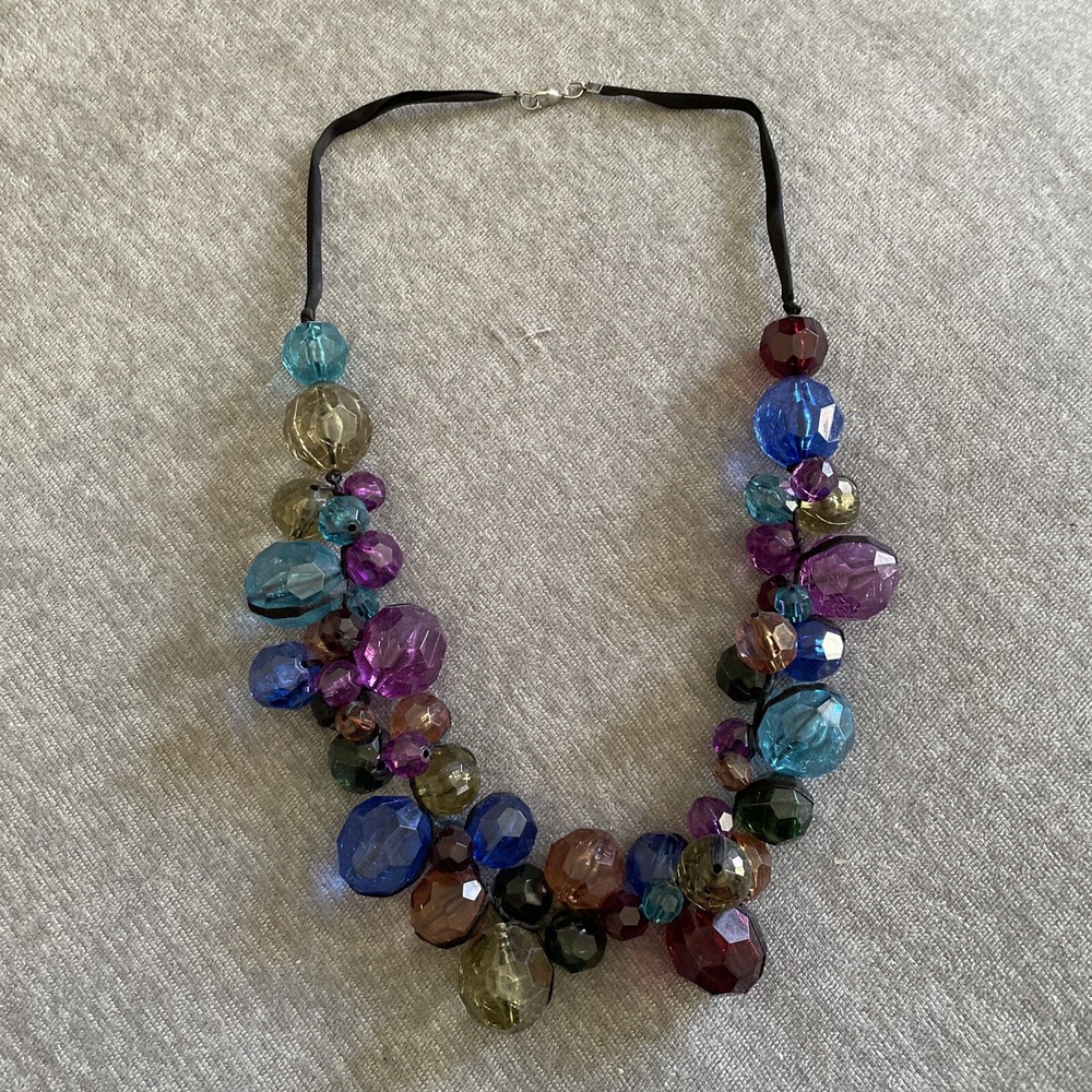 Chunky Statement Necklace Faceted Plastic Beaded Purple Black Satin Ribbon Retro