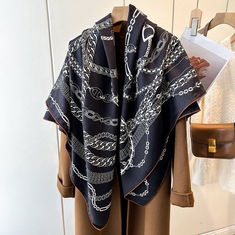 70% Cashmere 30% Silk Double Face Square Shawl with Chain Print 53 Inch