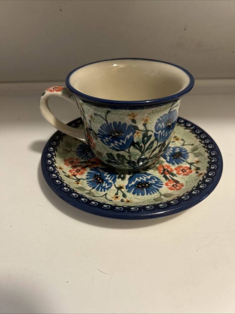 UNIKAT Polish Pottery Cup and Saucer Maczka Blue Floral
