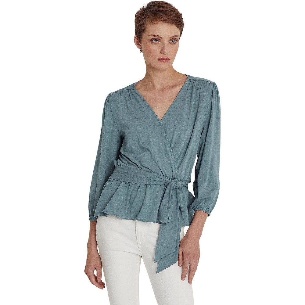 Lauren Ralph Lauren Women Sea Viscose Jersey Tie Waist Peplum Blouse Size L