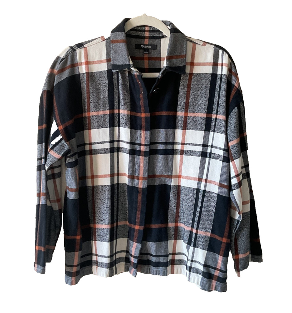 Madewell Women's Plaid Flannel Shirt Gray Orange Black Button Down | 100% Cotton