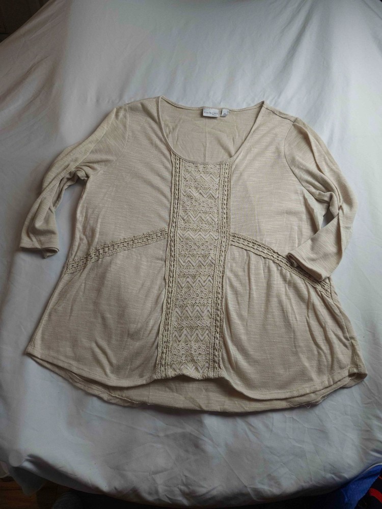 Kim Rogers Shirt Top Womens 2X Beige Lace Trim Long Sleeve Scoop Neck Casual