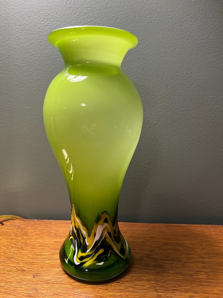 Hand blown art glass vase in lime green with multicolored swirl decoration