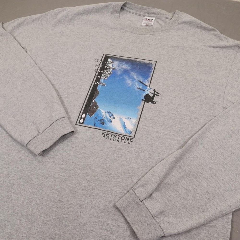 Vintage Ski T Shirt Mens XL Anvil Grey Long Sleeve 90s Y2K Graphic Keystone