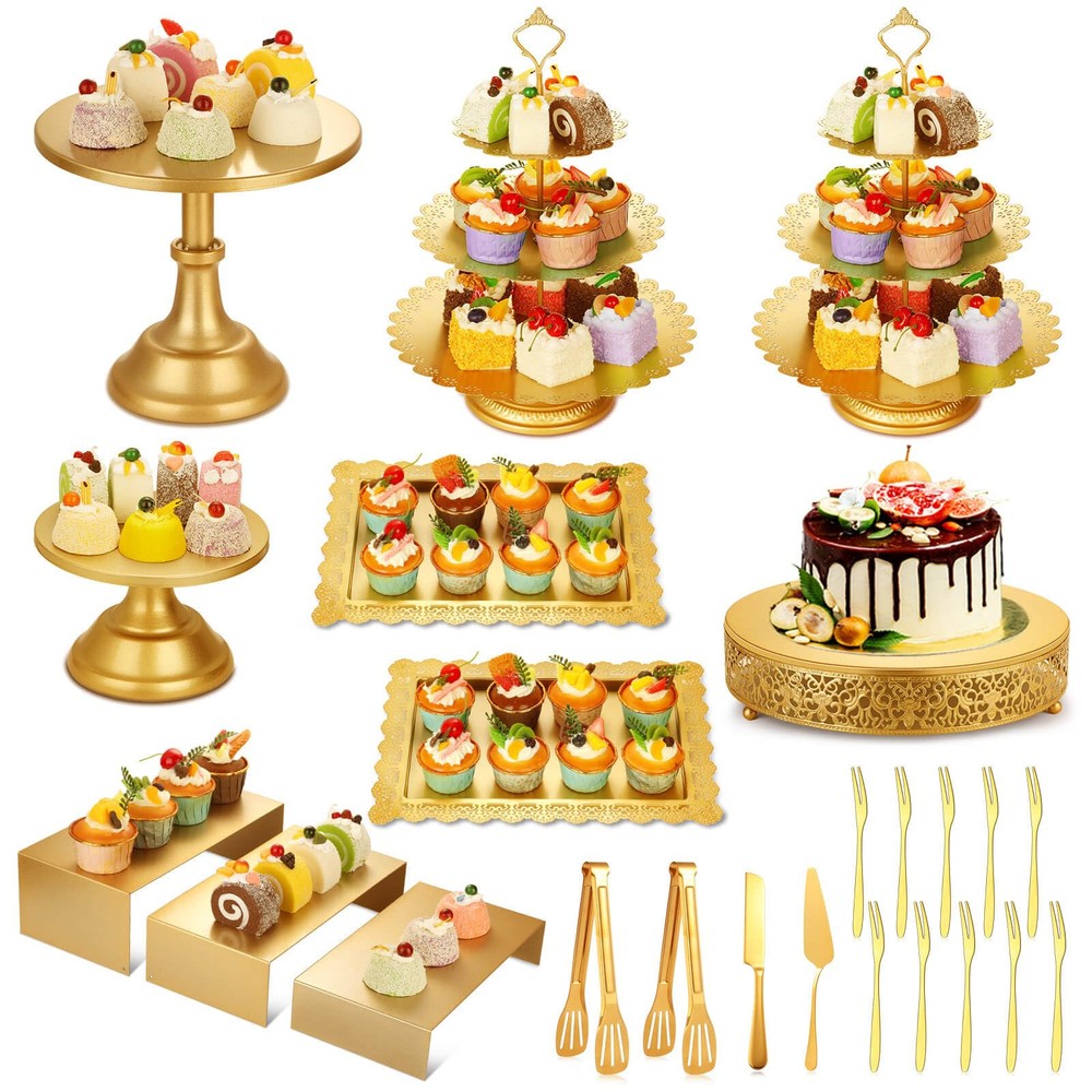 Metal Gold Dessert Table Display Set with Cake Stands and Cupcake Tower