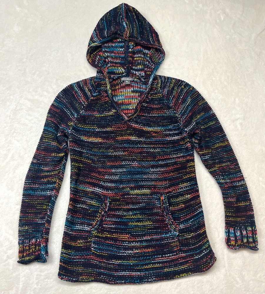 Eddie Bauer Womens Cozy V-Neck Knit Hoodie with Pocket - Size S Boho Style Multicolor Pullover