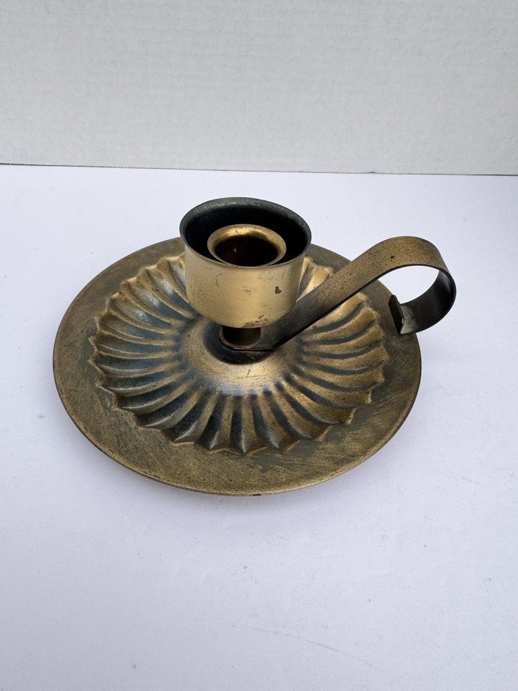Vintage Brass Chamberstick Candle Holder with Finger Hold Ribbed MCM, 6 Inches