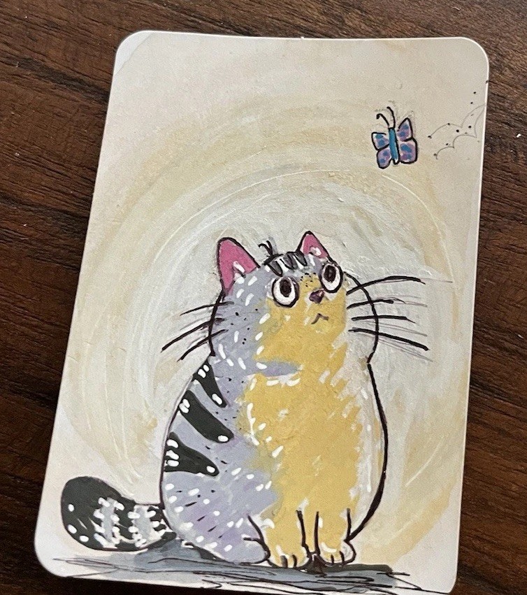 ACEO Original Cat painting ATC OOAK Cottagecore Whimsical Funny Feline Art