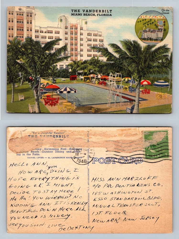 Miami Beach, FL-Florida, The Vanderbilt Hotel Pool Patio Vintage c1948 Postcard