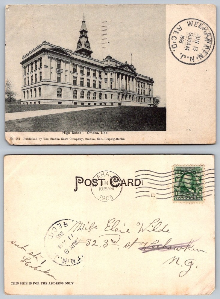 1905 Omaha High School Postcard Nebraska Weehawken NJ Postmark