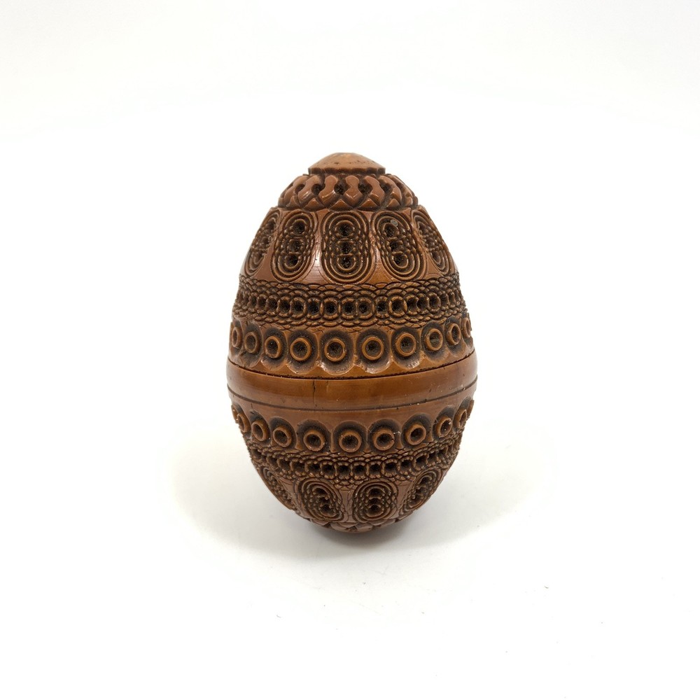 Antique Coquilla Nut Hand Carved Egg Shaped Trinket Box Pomander Sew Needle Case
