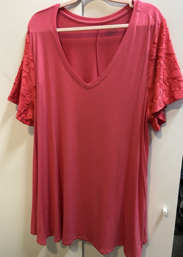 Lane Bryant Women's Pink V-Neck Top, Size 18/20, Roll Short Sleeve