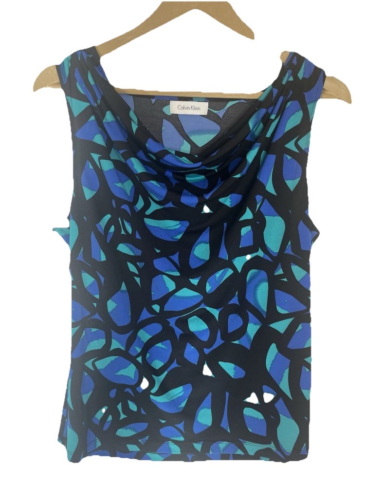 Calvin Klein Women’s Black & Blue Abstract Drape Neck Tank Size Medium