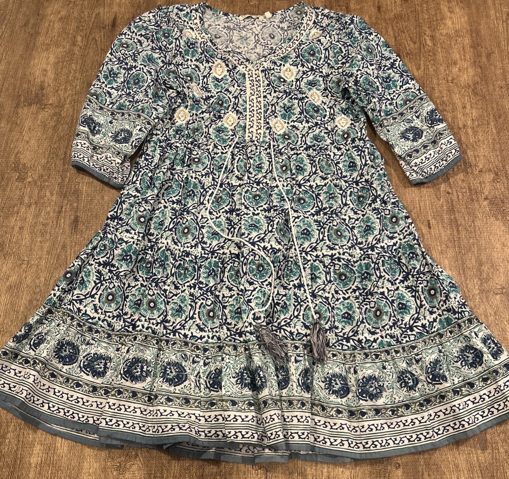 Soft Surroundings Teal Floral Nerissa Dress Size M Medium Tassel Fit & Flare EUC