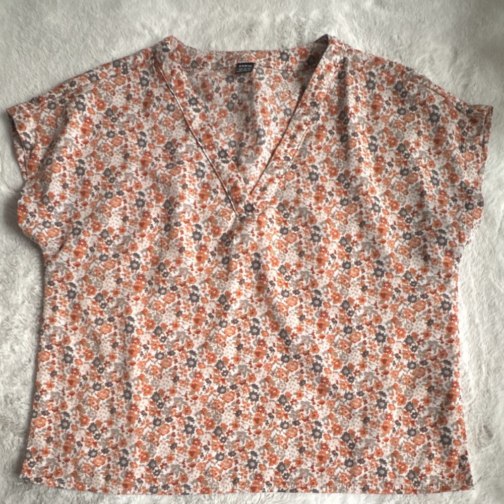 SHEIN Womens M White Orange Gray Floral V-Neck Cap Sleeve Ruffle Blouse