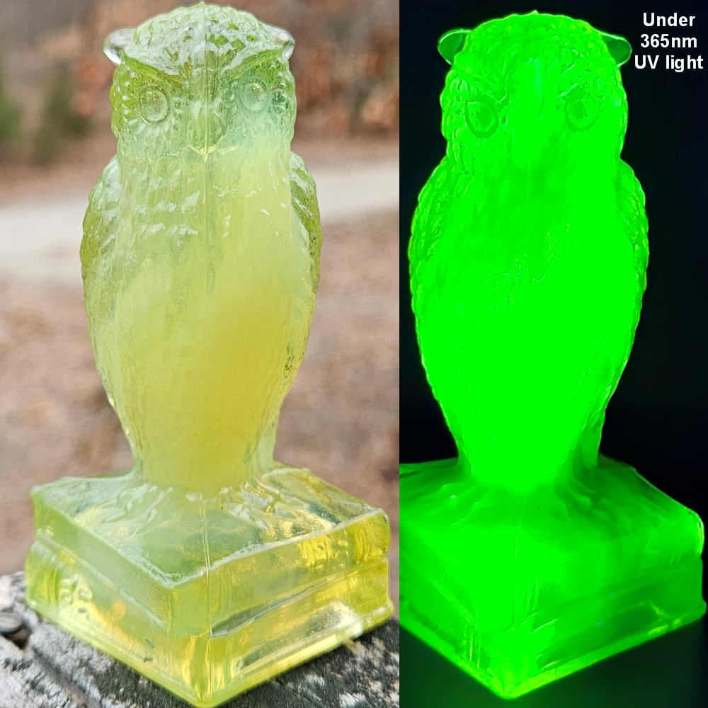 VINTAGE DEGENHART URANIUM GLASS OWL FIGURINE FOG YELLOW WHITE GLOWS UV RARE