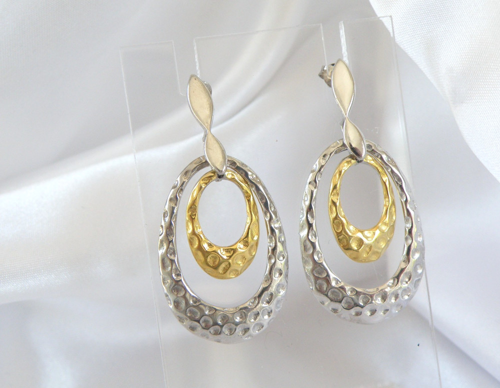 Vintage Sterling Silver 925 Modern Hammered Oval Drop Dangle Earrings