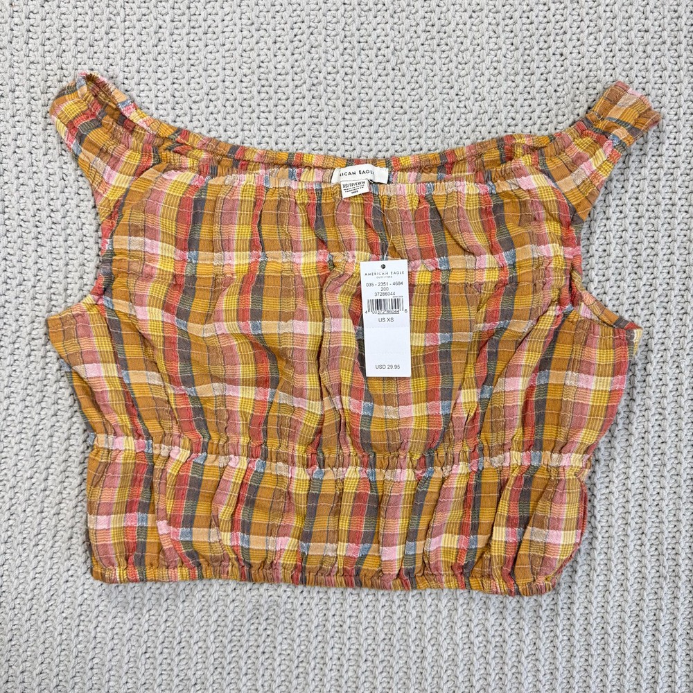 American Eagle Plaid Crop Top XS Stretchy Smocked Retro Western Festival NWT New