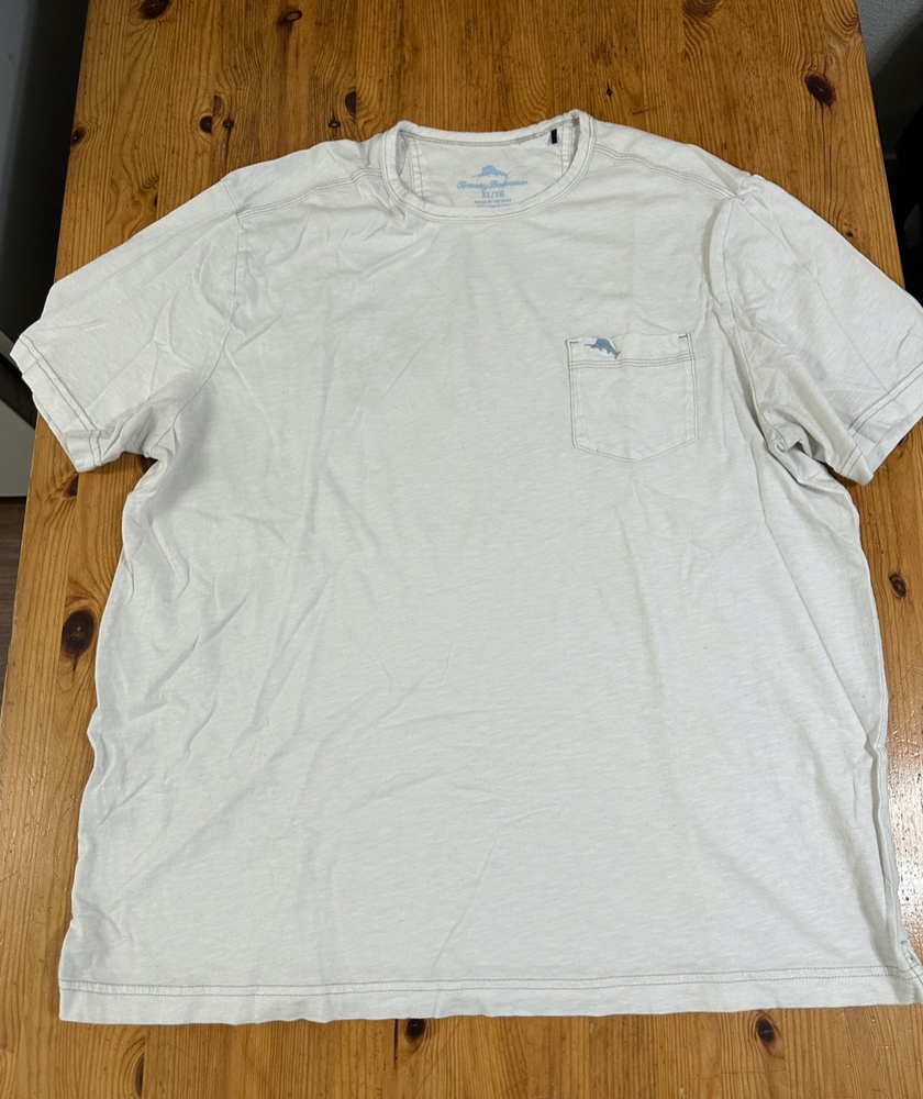 Tommy Bahama Men T-Shirt XL White Cotton Pocket Tee Shirt Casual Beach *Stains