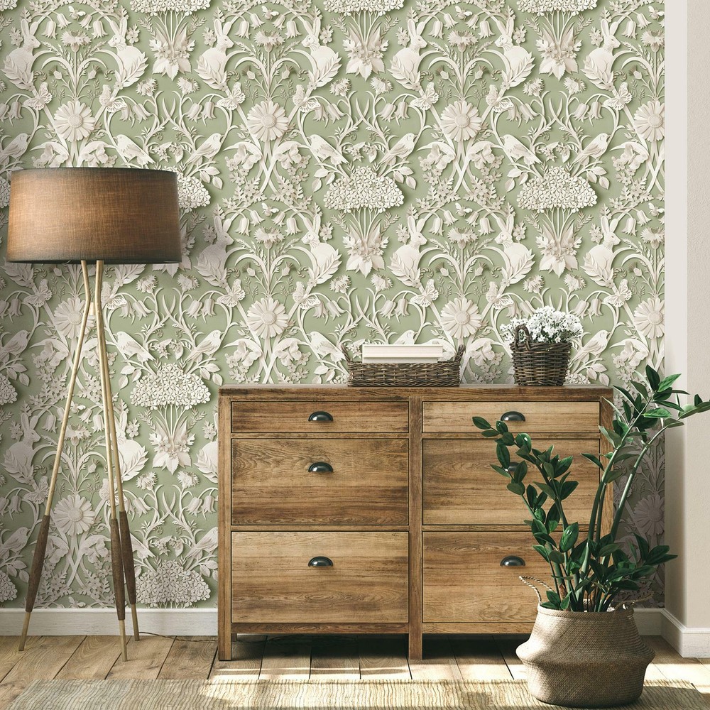Dimensions Woodland Fine Decor Wallpaper Animals Floral 3D Effect Sage FD42951