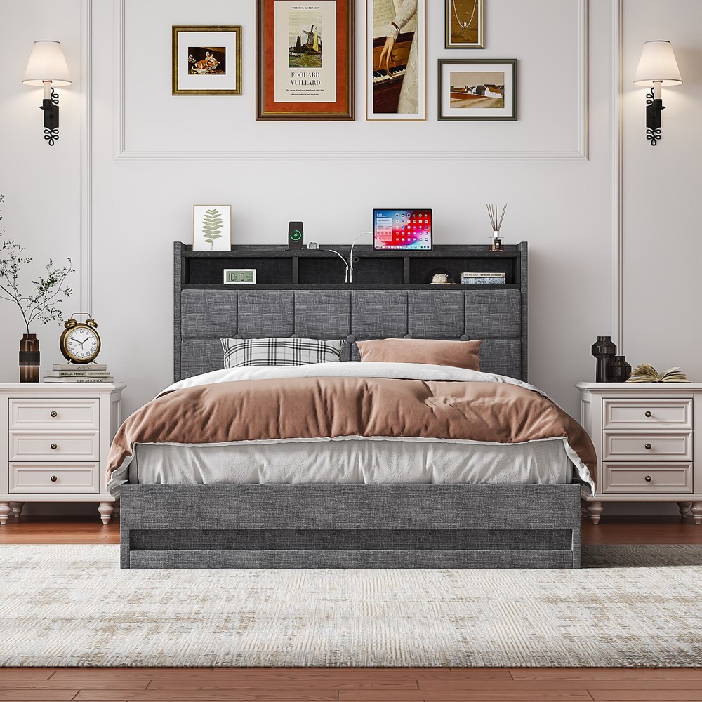 VECELO Full Queen Size Bed Frame with Adjustable LED Light and Charging Station