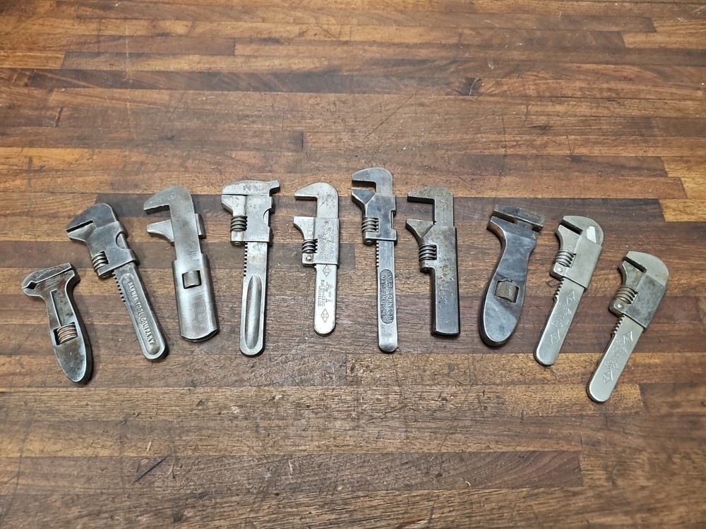 K162- antique adjustable wrenches lot of 10 - Iver Johnson, Barnes, A-I, etc