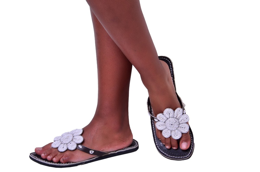 Beaded Women African Slippers Sandals Bohemian Summer Leather Masai Kenyan White