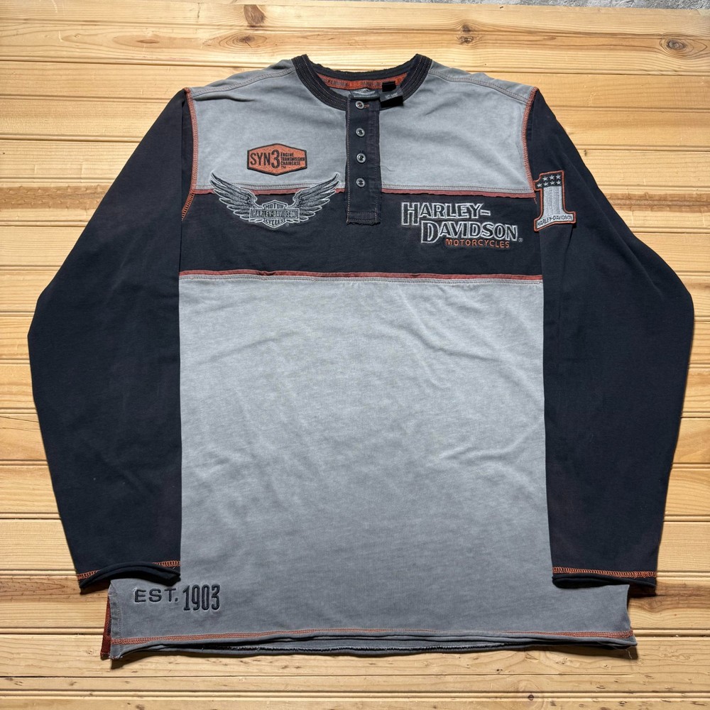 Vintage Y2K Harley-Davidson Embroidered Colorblock Long Sleeve Henley Shirt - XL