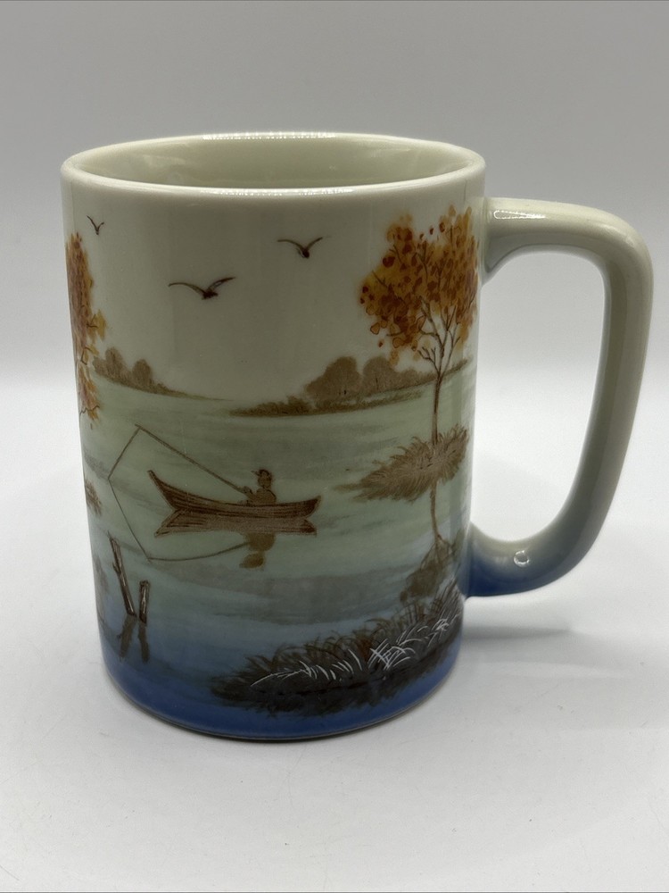 Vtg Otagiri Coffee Mug Fishing Village Boats Seagulls Dock Ocean Lighthouse