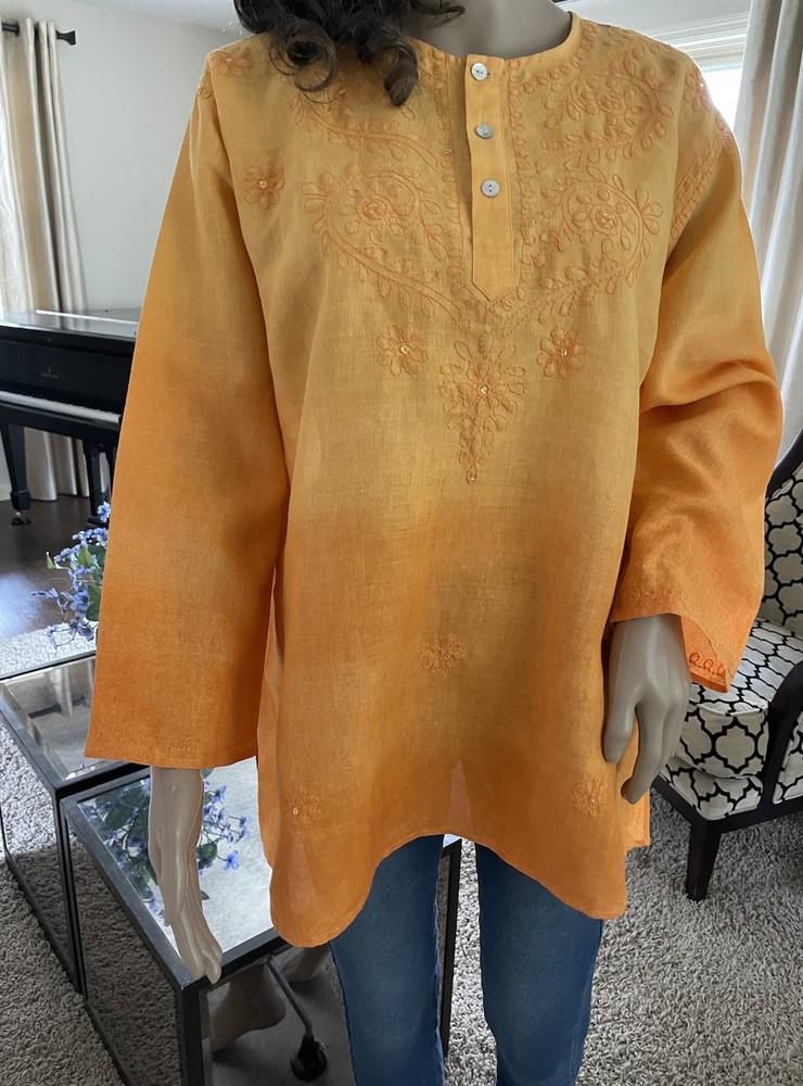 Richard Malcolm Irish Linen Tunic Top Sz XL Orange Embroidered Embellished NWOT