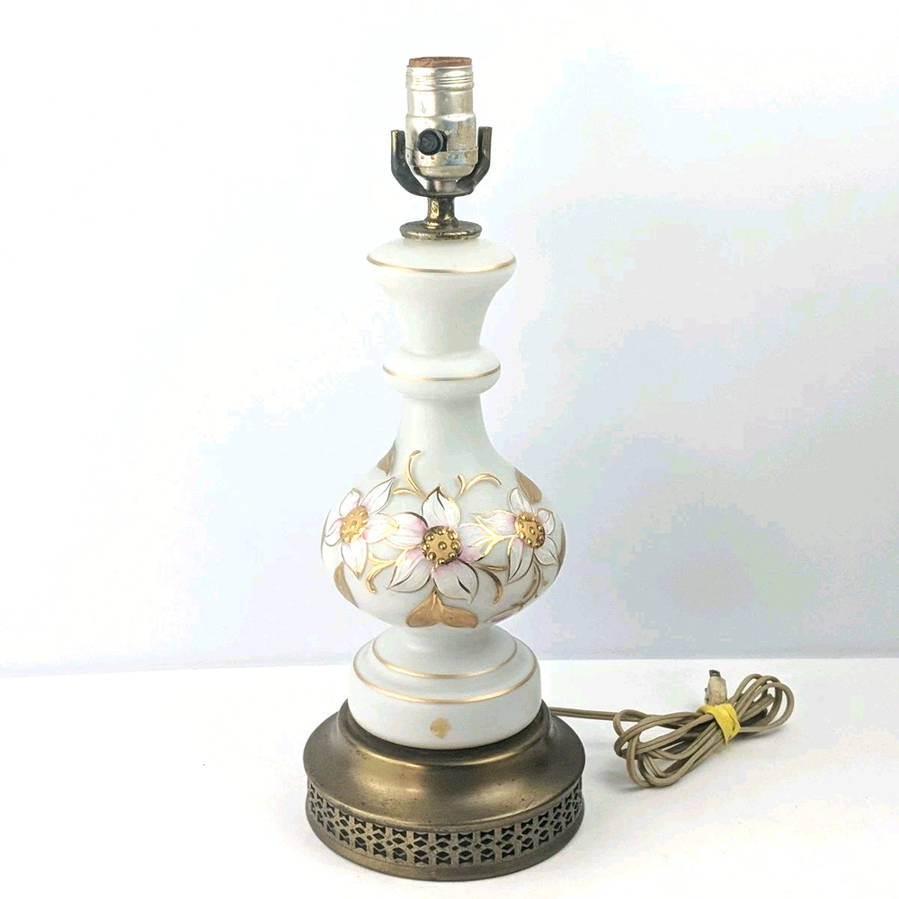 Hollywood Regency Style Table Lamp White w/ Gold Floral Trans Glass Vtg Nice