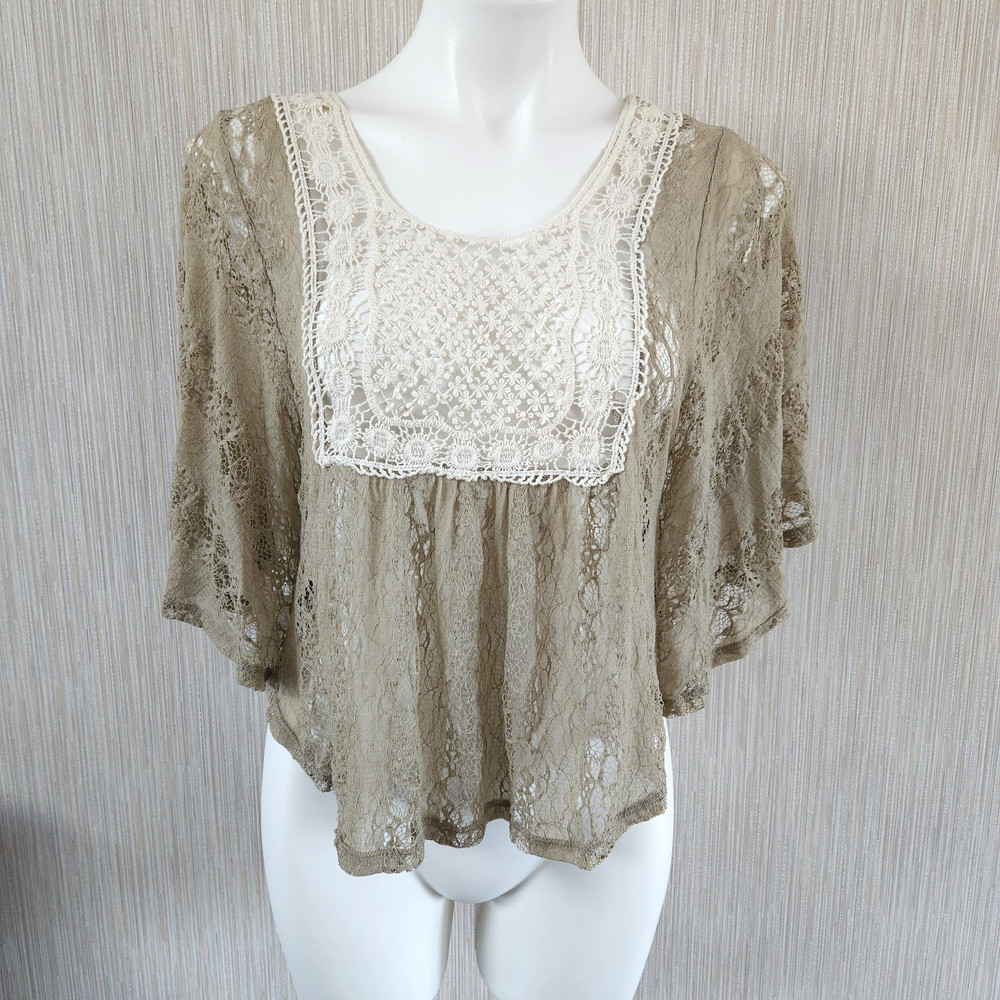 Boho Flowy Sheer Blouse Lace Style Crochet knit Top Large Shirt Tan Ivory Chic