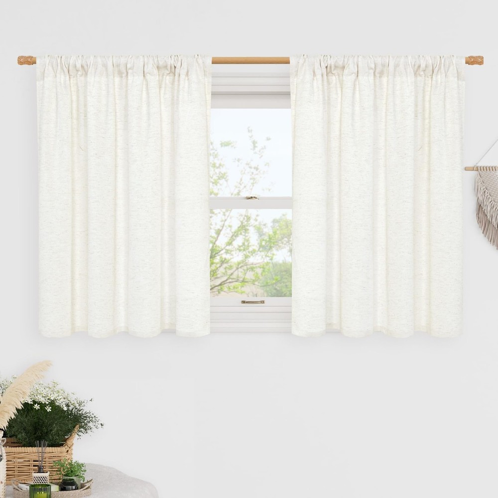 LAMIT Short Linen Curtains 36 Inch Length for Cafe, Ivory Semi Sheer Small Ki...