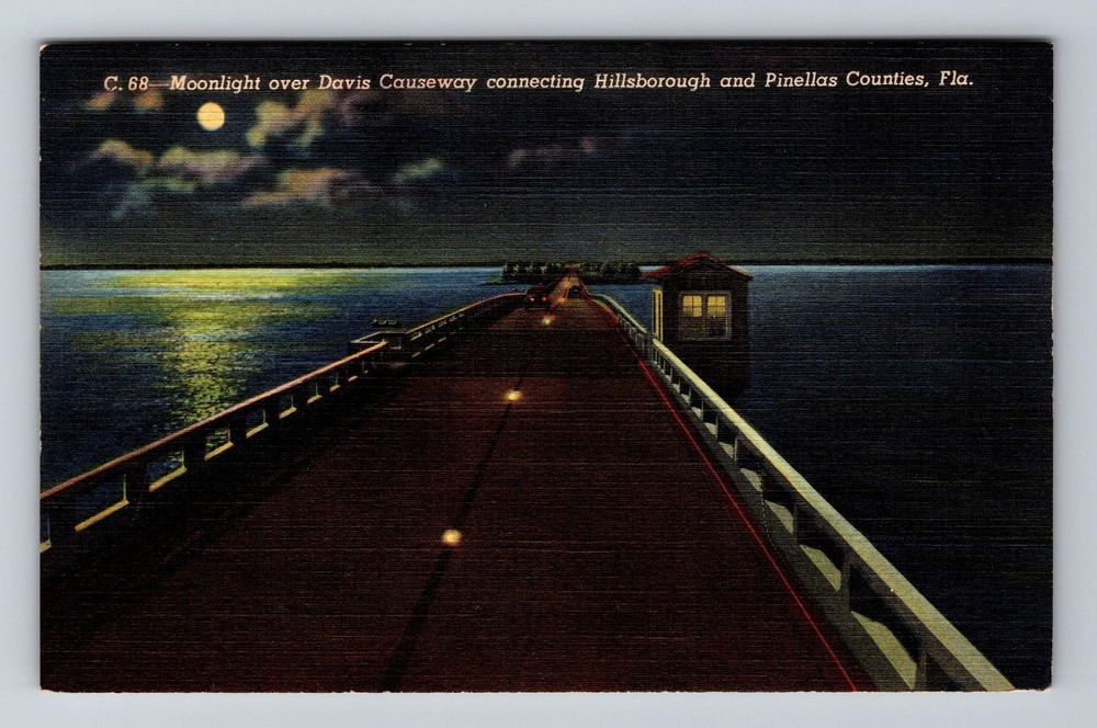Hillsborough FL-Florida Moonlight Over Davis Causeway Vintage Postcard