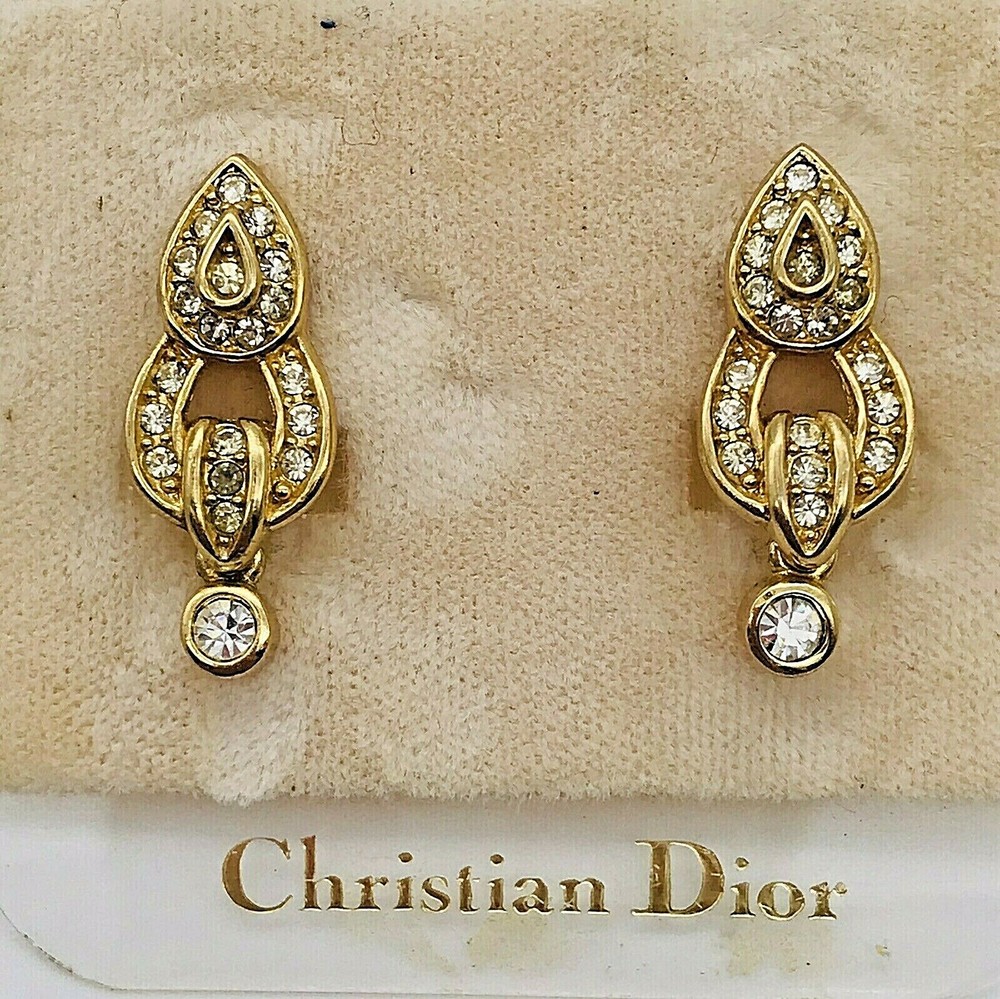 Vintage Christian Dior Gold Tone Pear Drop Crystal Earrings on Card