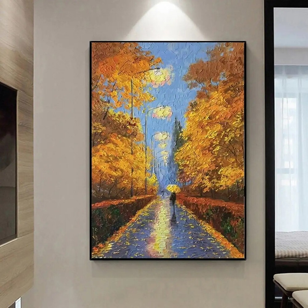 3D Street Light Scene Oil Painting Yellow Tree Palette Knife Painting Abstract