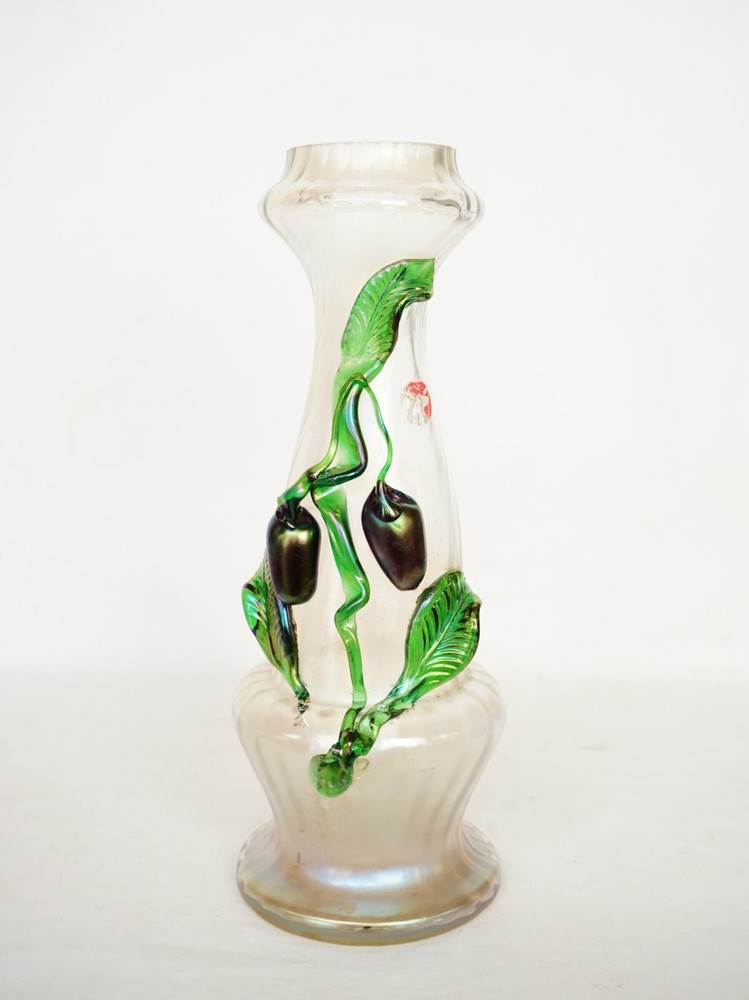 1910 Kralik Iridescent Applied Fruit and Leaves Bohemian Art Vase
