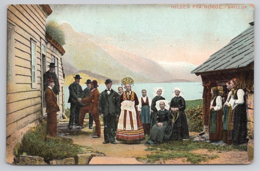 1908 Norway Wedding Postcard - Norwegian Bunad Folk Art Fjord Mountain Scene