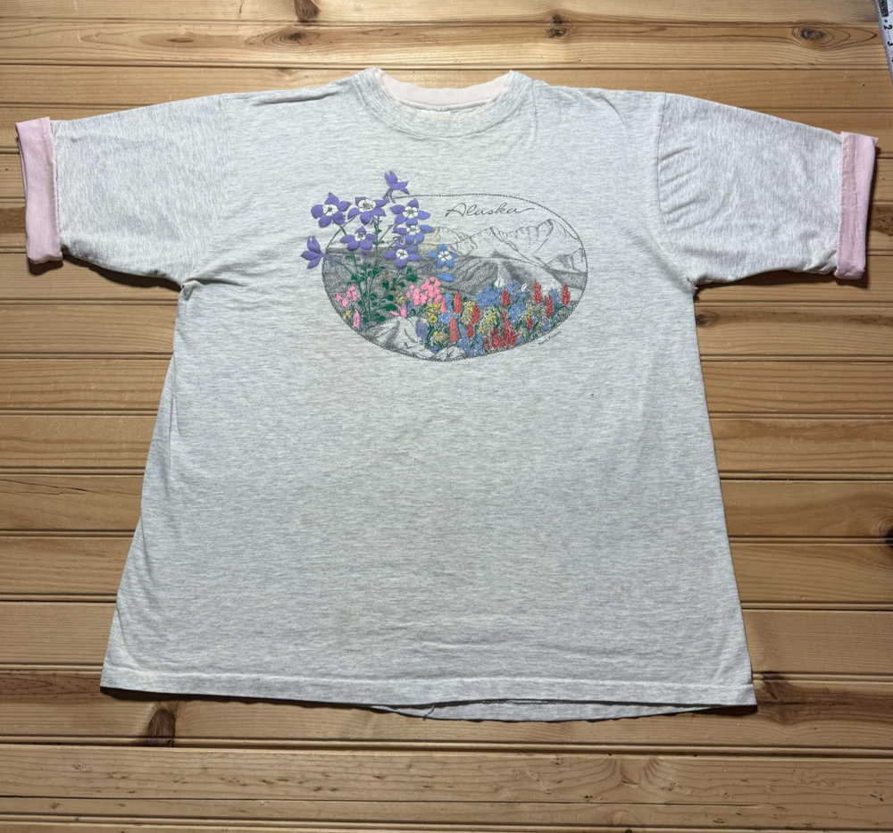 Vintage 80s 90s Alaska Wildflower Mountain Tourist Souvenir Ringer Shirt Size XL