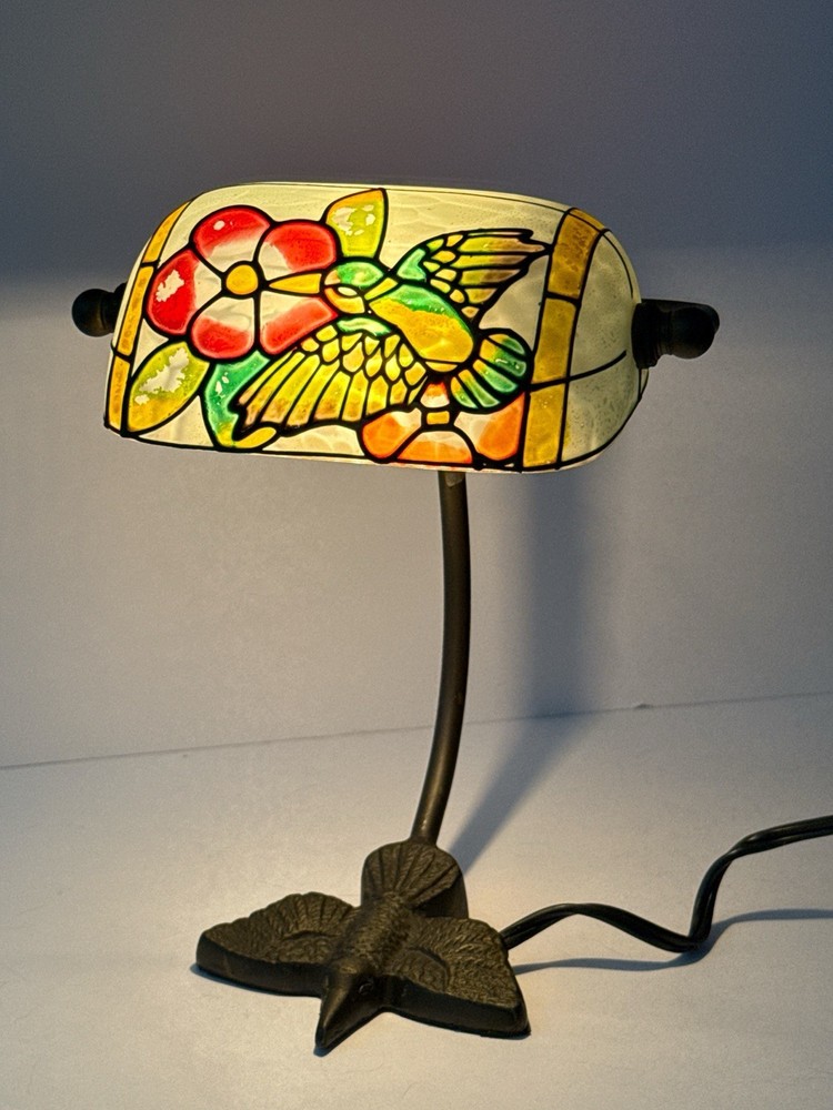 Vintage Tiffany Style Stained Glass Hummingbird Desk Lamp