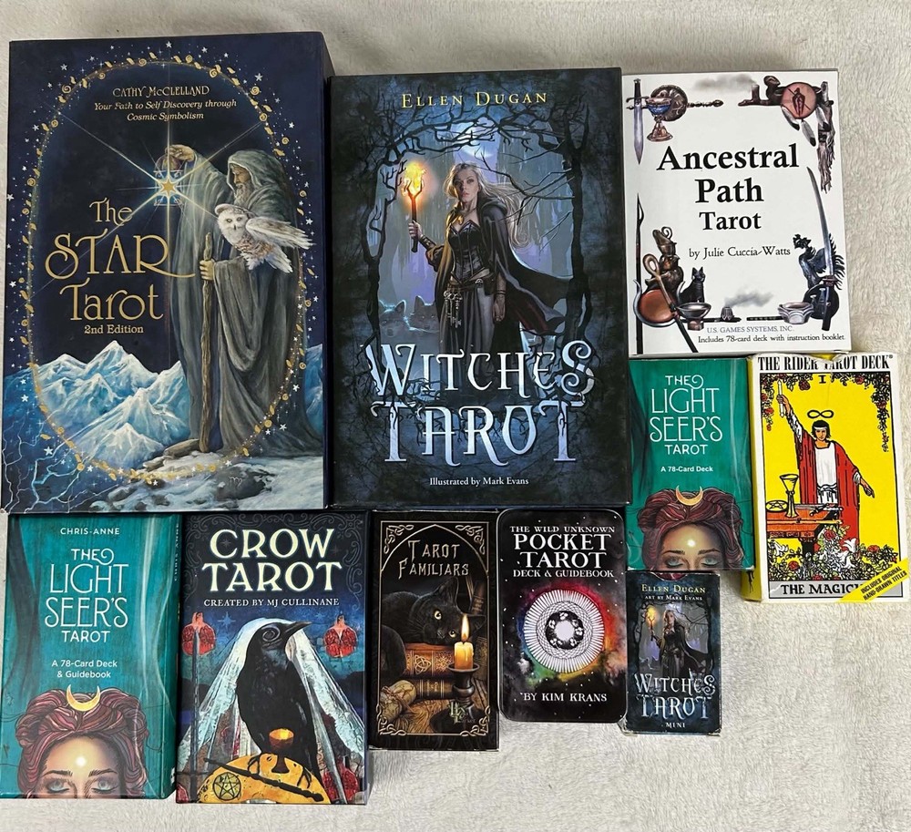 Lot of 10 Tarot Decks Box Sets - Light Seers, Star, Rider Waite, Crow, Witches