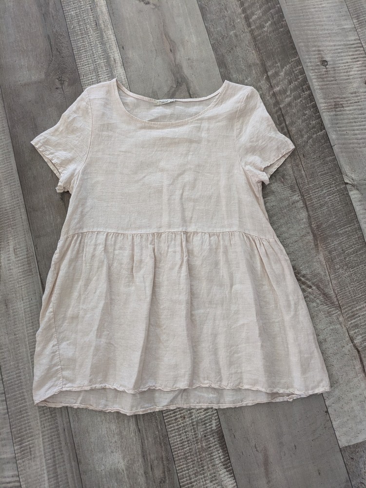 Laura Bianchi Made In Italy Linen Beige Peplum Ruffle Shirt Top Women’s Size S