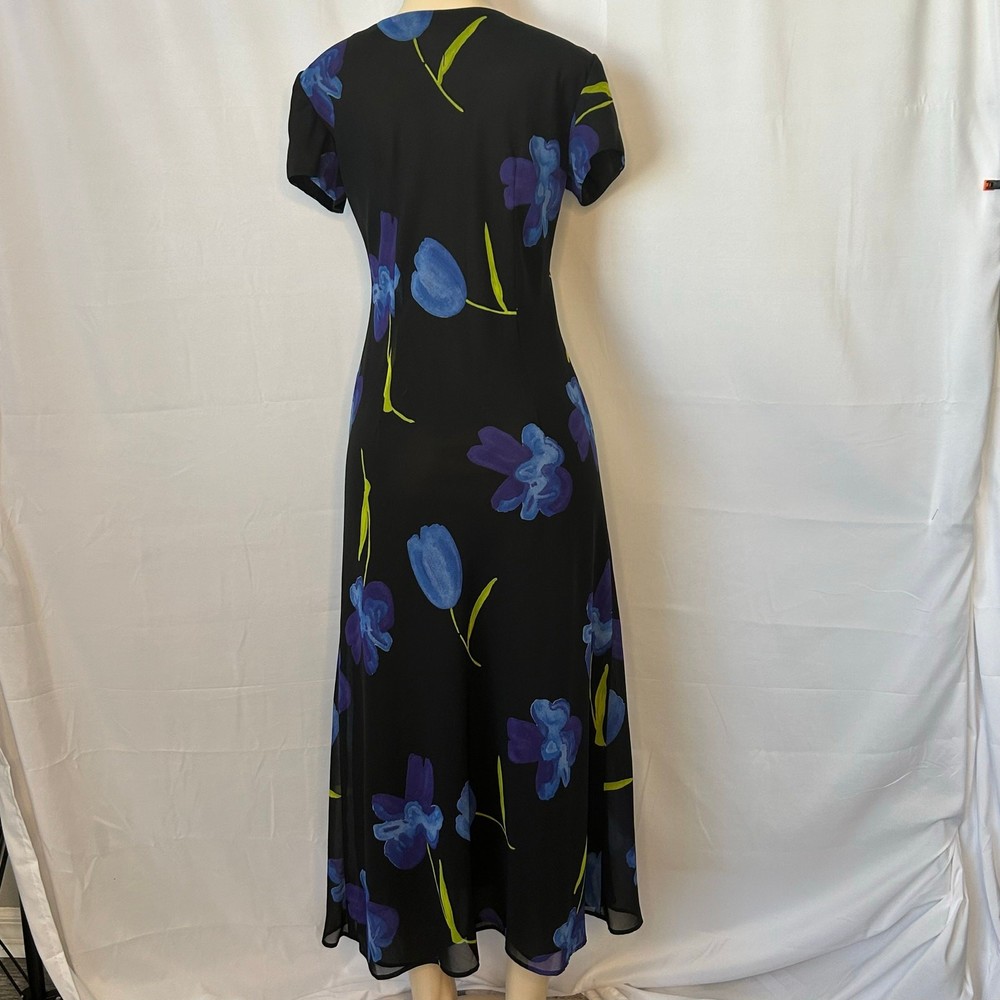 Jessica Howard Black Floral Chiffon Midi Dress Blue Purple Flowers Size 10